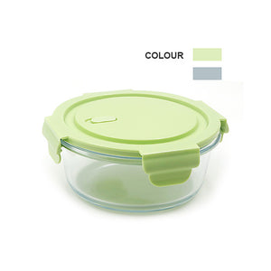 GLASS FOOD CONTAINER ROUND 950ML (1 QUART) WITH PLASTIC LID GREEN/BLUE - 4897047358784