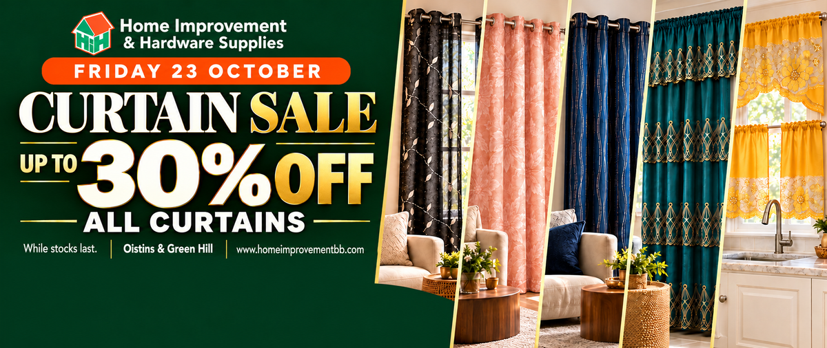 Friday 23 October 2026 only: up to 30% off all curtains, Oistins and Green Hill, while stocks last.