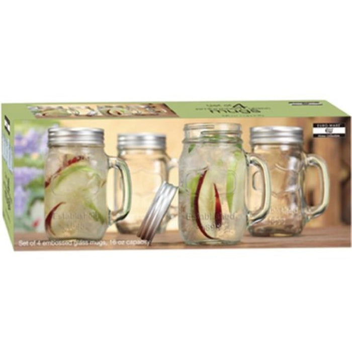 GLASS MUGS W/LIDS EMBOSSED 16.OZ - 687929650563