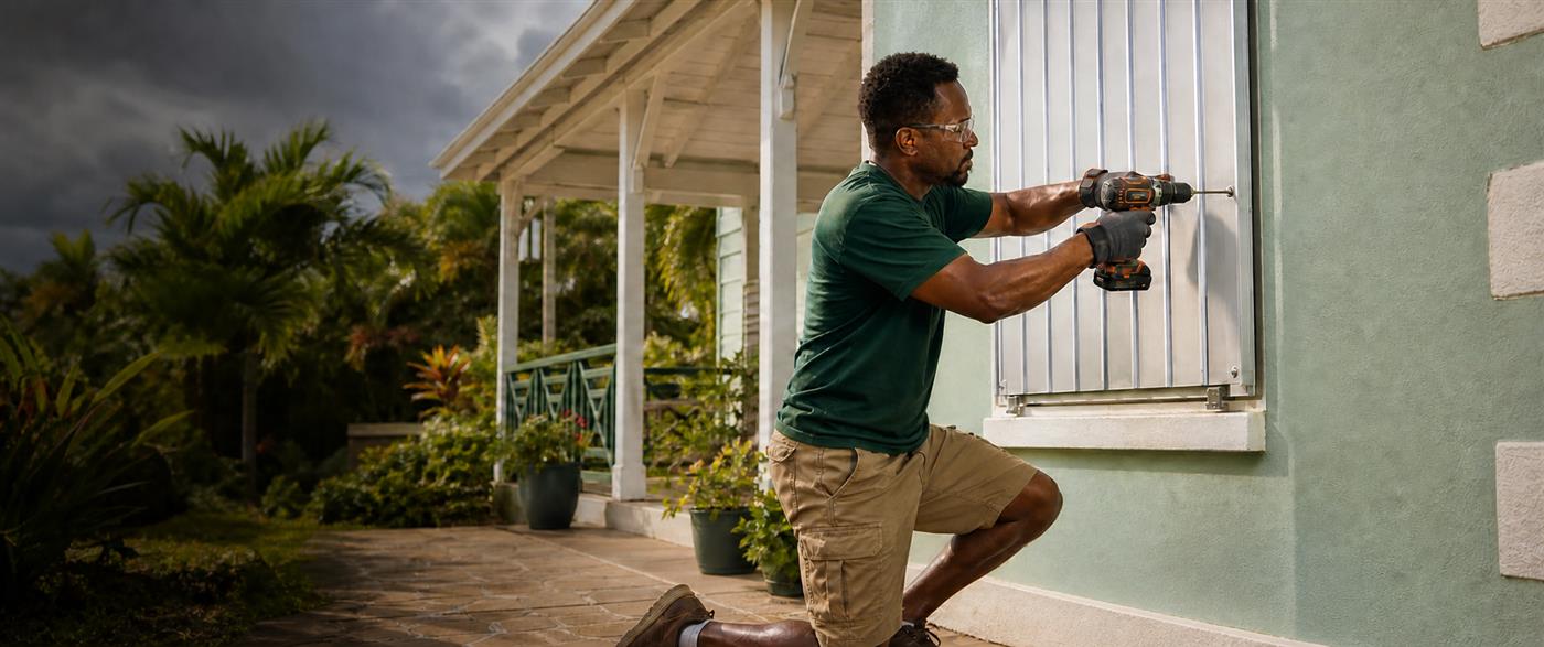 Homeowner securing a metal hurricane shutter before severe weather